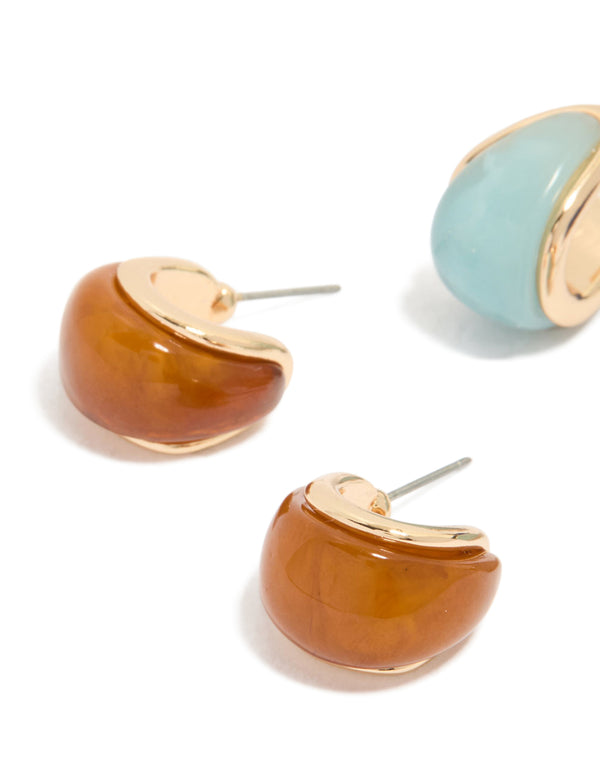 Explore gold blue and brown enamel bubble hoop earrings in a 3-pack with close up view