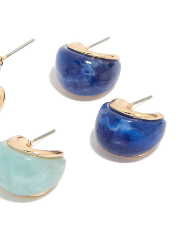 Crafted from gold with blue and brown enamel bubble hoop earrings in a 3-pack with post detail view