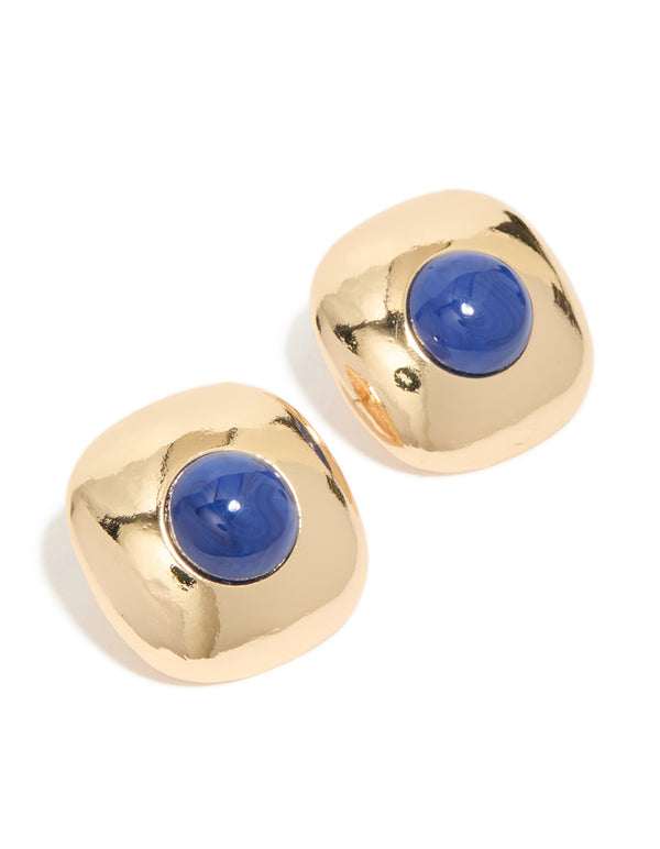 Gold Dark Blue Acrylic Medallion Stud Earrings