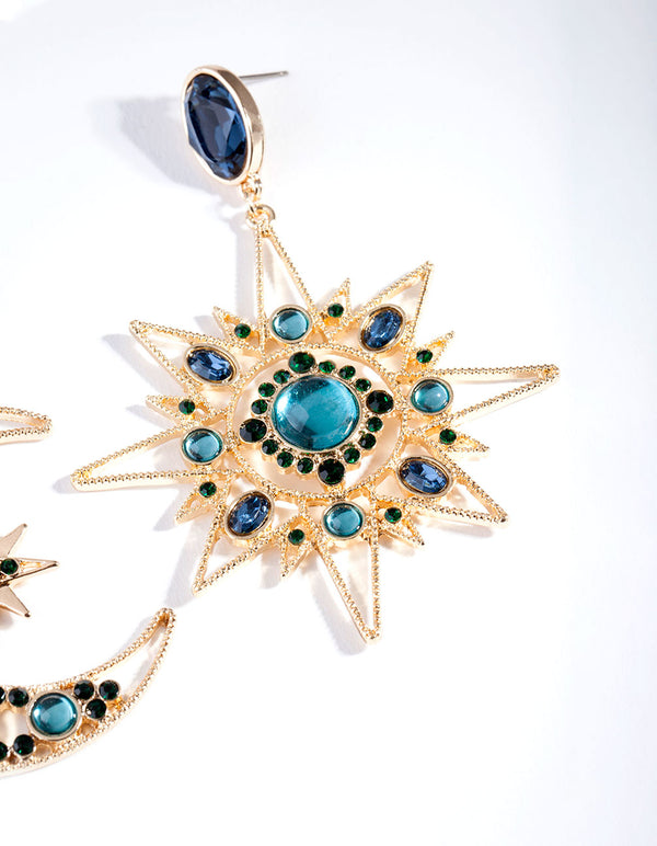 Gold Blue Statement Celestial Earrings