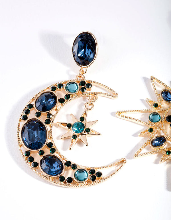 Gold Blue Statement Celestial Earrings