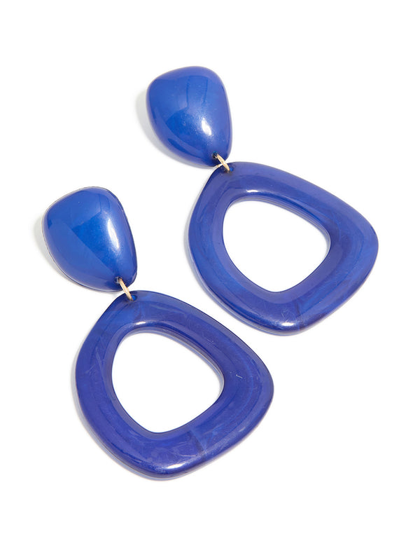 Presenting dark blue acrylic organic square-oval drop earrings with statement style in front view