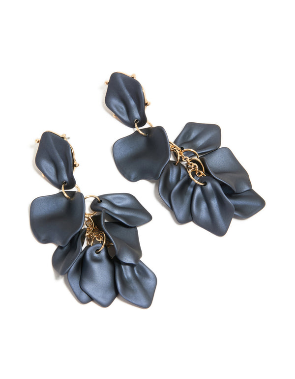Elegant navy blue coated metal flower petal drop earrings featuring gold accents in front view