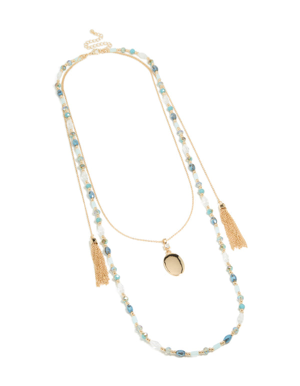 Gold Tassel & Blue Beaded Layered Necklace