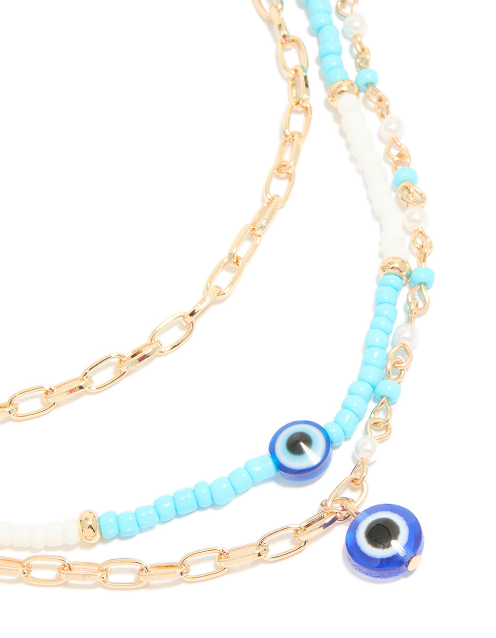 Showcasing a gold blue beaded evil eye triple layered necklace with pearl accents in statement style close up view