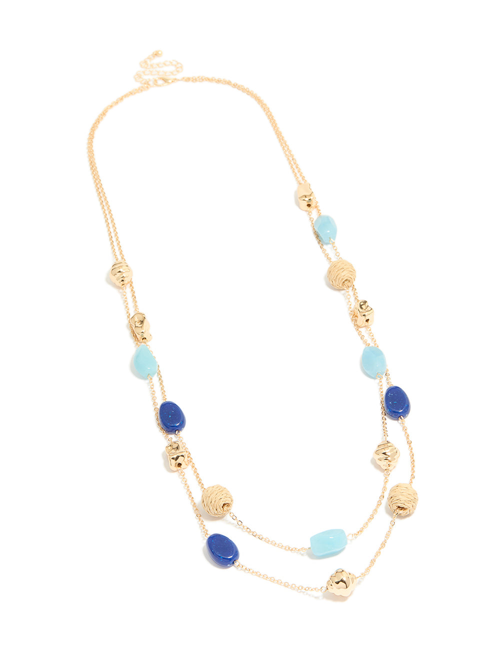 Presenting a gold blue and raffia beaded layered statement necklace front view