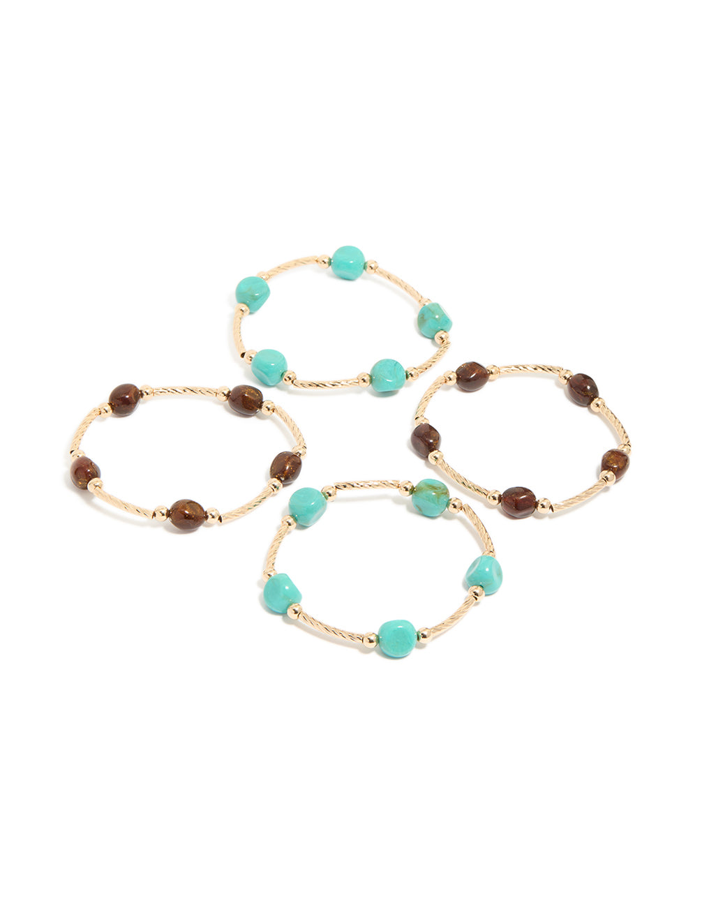 Showcasing a set of gold brown and turquoise beaded thin connector bracelets in a 4-pack front view