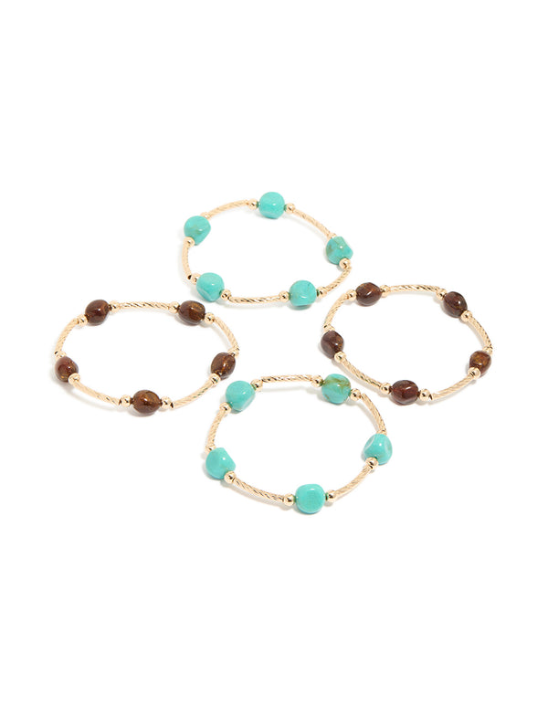 Gold Brown & Turquoise Beaded Thin Connector Bracelets 4-Pack