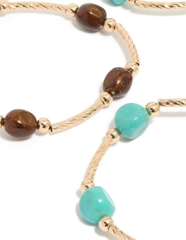 Gold Brown & Turquoise Beaded Thin Connector Bracelets 4-Pack