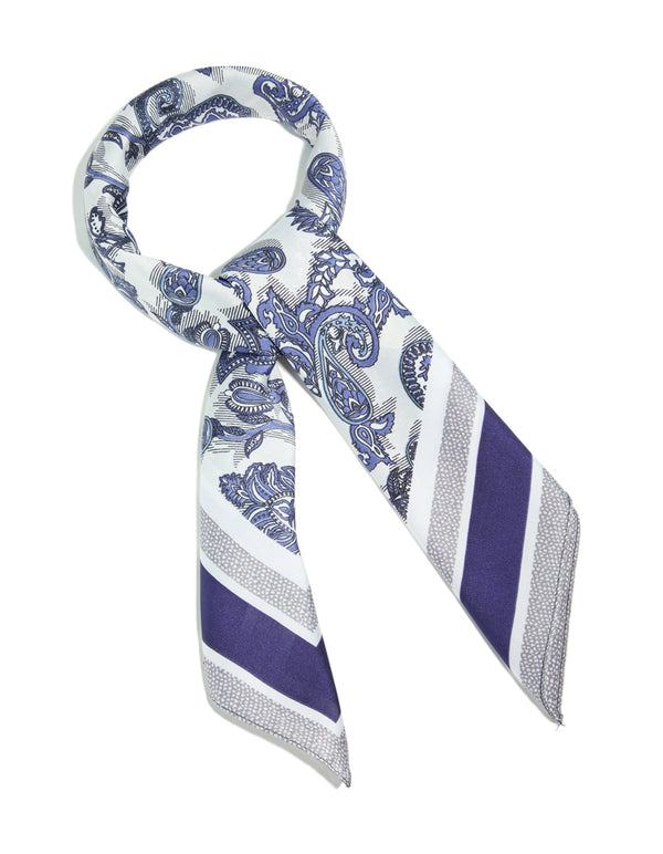 Elegant white and blue fabric scarf featuring paisley print in royal blue, front view