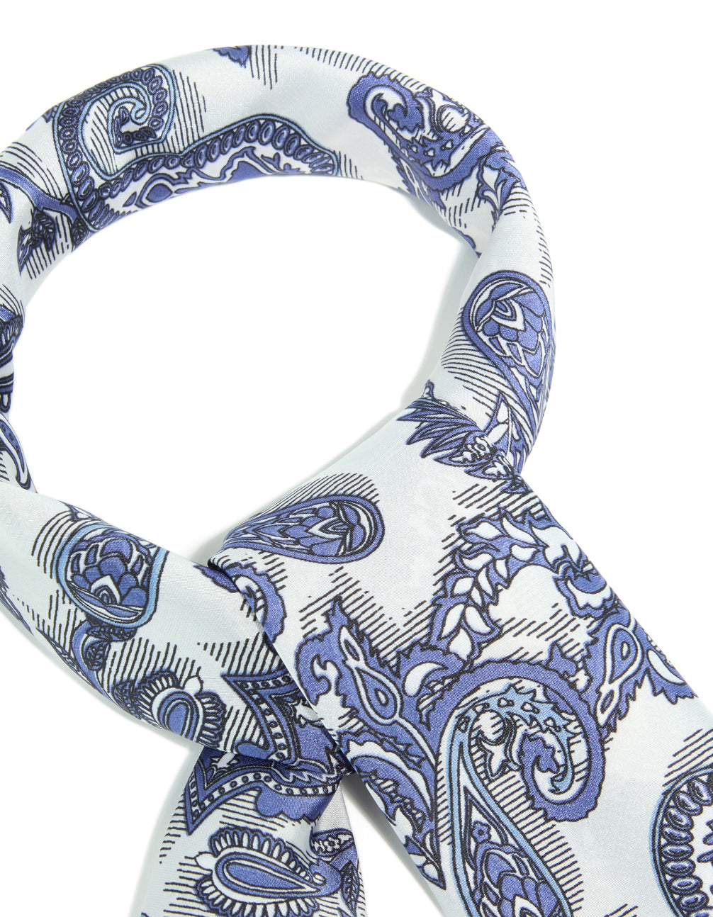 Crafted white and blue fabric scarf with paisley print in royal detail view