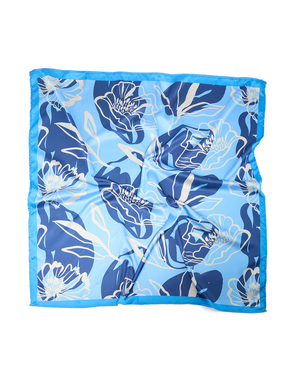Showcasing a dark blue fabric scarf with grey flower outline crafted in navy, light blue and grey tones front view