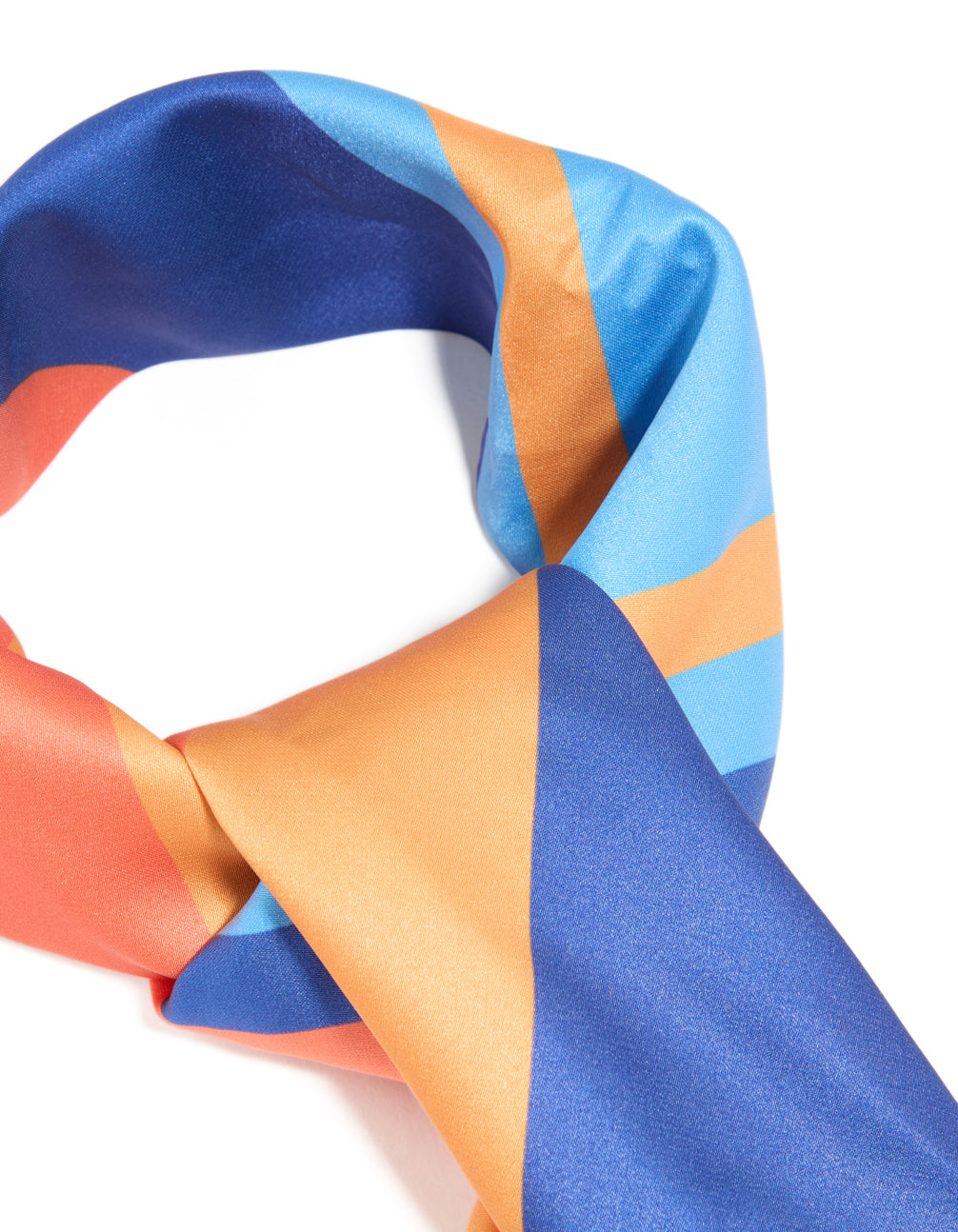 Beautifully designed fabric scarf featuring uneven stripes in royal blue, orange, sky blue, and coral detail veiw