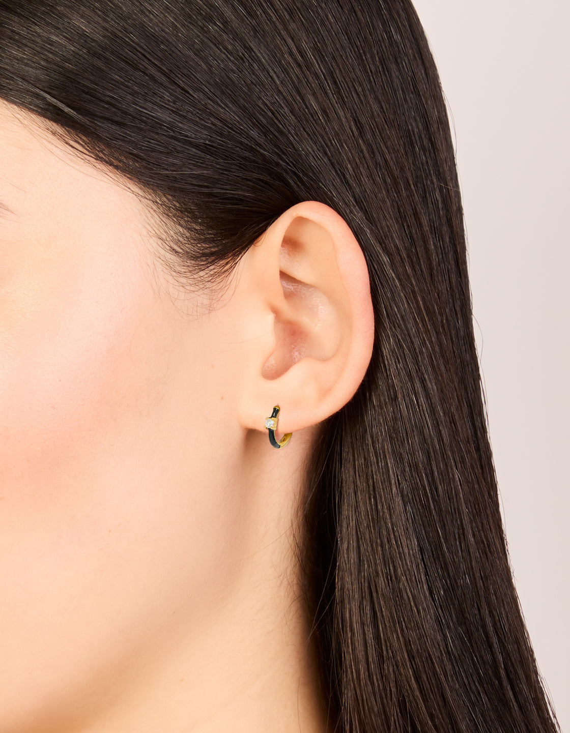 Gold Plated Sterling Silver Cubic Zirconia & Black Enamel Huggie Earrings