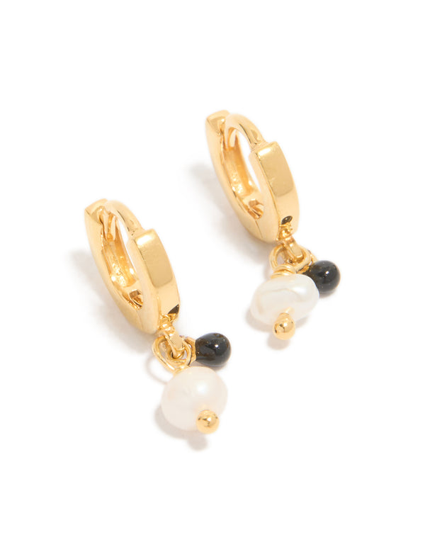Gold Plated Sterling Silver & Pearl Drop Huggie Earrings