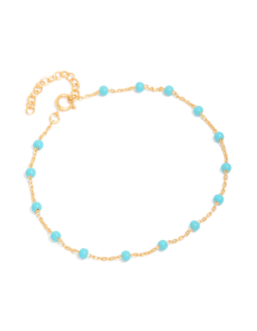 Crafted from gold plated sterling silver with blue enamel beads in turquoise station bracelet front view