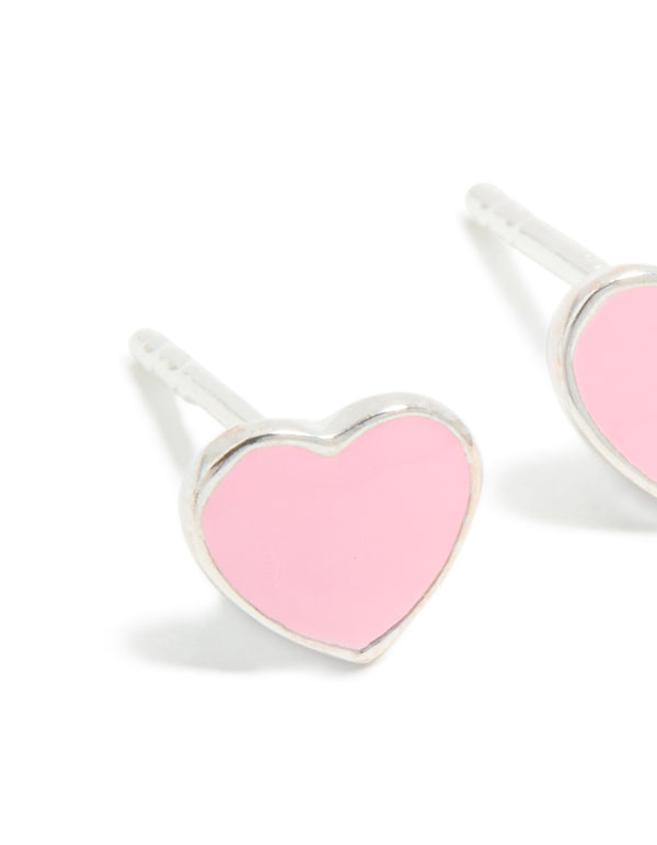 Sterling Silver Pink Enamel Heart Stud Earrings