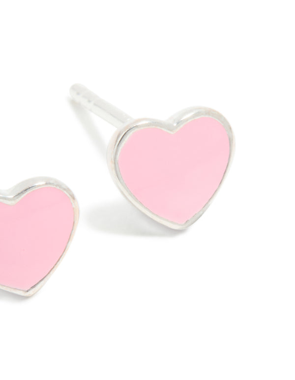 Sterling Silver Pink Enamel Heart Stud Earrings