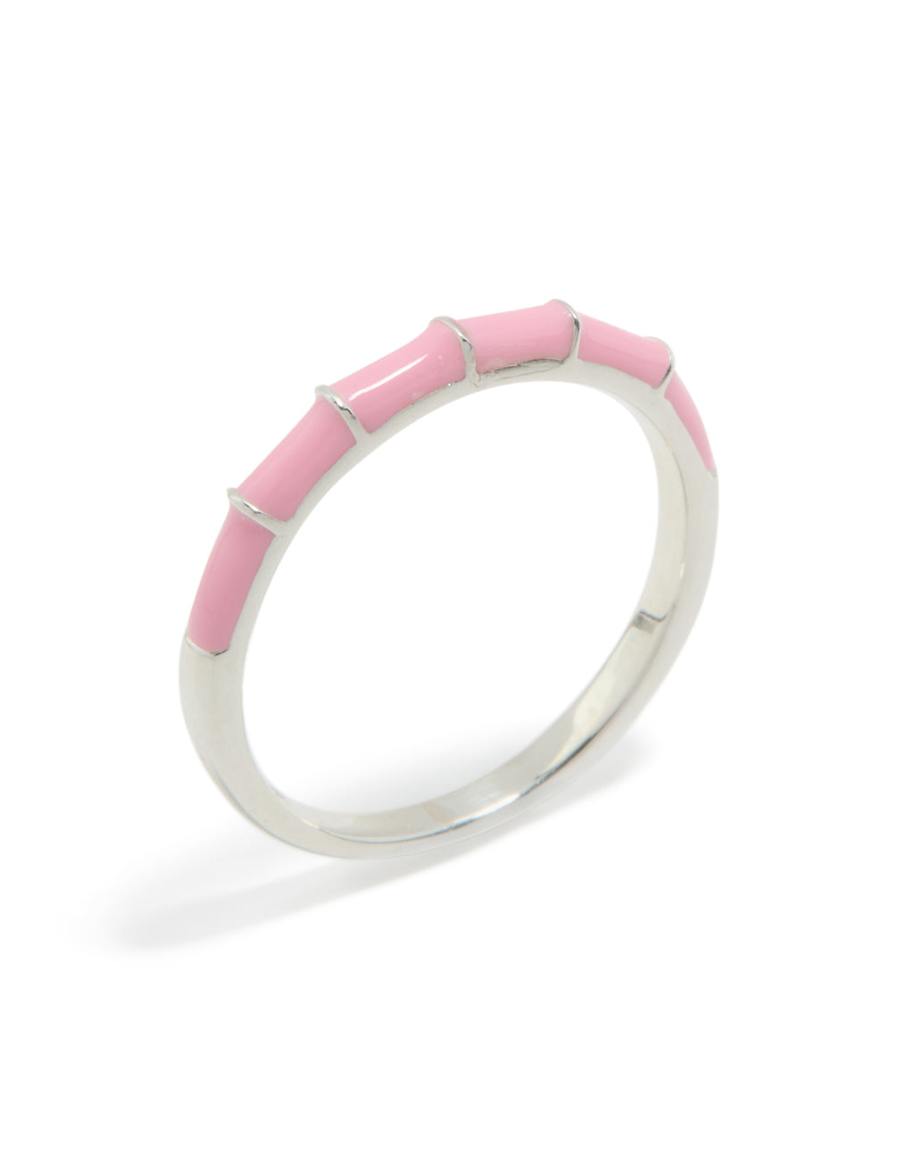 Sterling silver ring featuring pink enamel side detail view