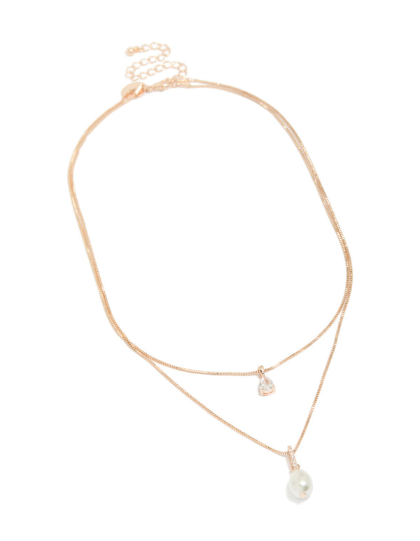 Rose Gold Plated Cubic Zirconia & Pearl Double Layered Necklace