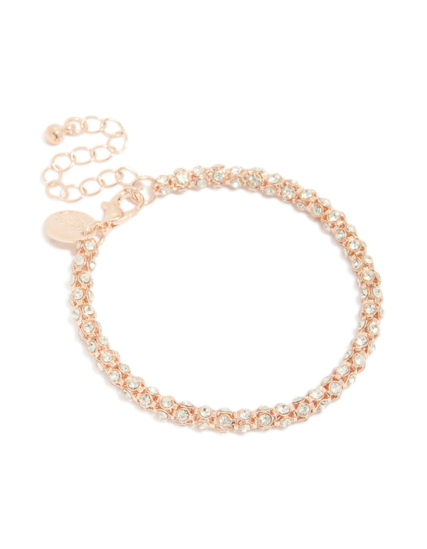 Showcasing a rose gold plated diamante fireball bracelet front view