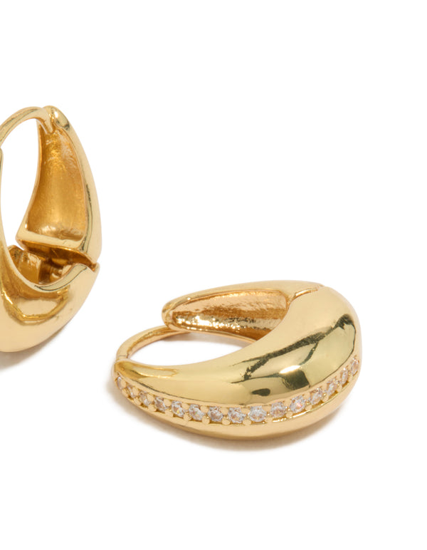 Showcase teardrop huggie earrings with gold plated brass and cubic zirconia post detail view