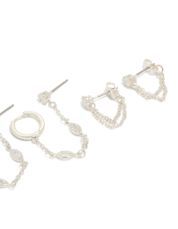 Explore this statement silver plated brass chain and stud earrings 4-pack with charm details featuring crystal, cubic zirconia and huggie closure post detail view