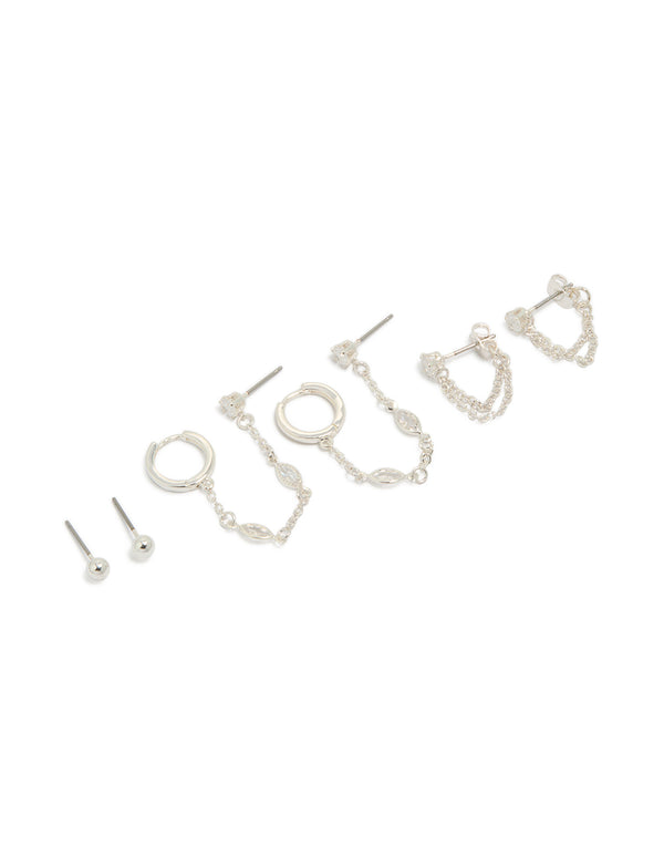 Displaying a statement silver plated brass chain and stud earrings 4-pack featuring charm details with crystal and cubic zirconia, huggie closure front view