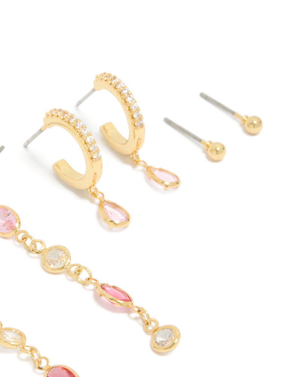 Featuring these gold plated brass multicoloured diamantes drop and stud earrings in 4-pack showcase huggie closure with pink stones post detail view