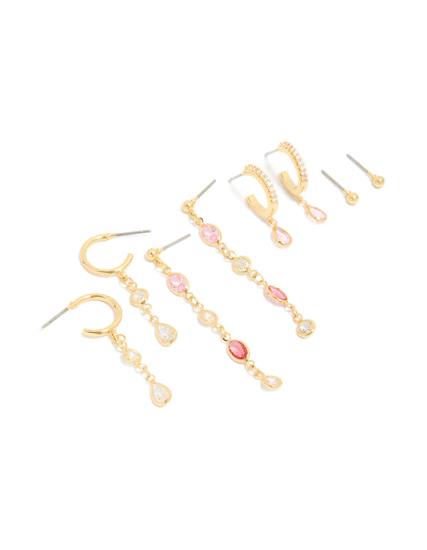 Beautifully designed gold plated brass multicoloured diamantes drop and stud earrings 4-pack in pink tones front view