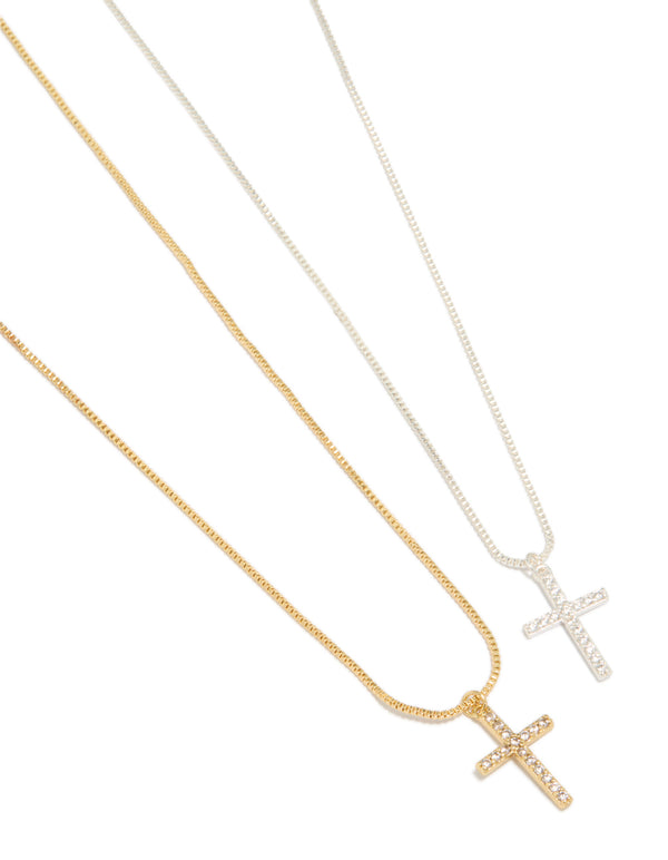 Discover mixed metal plated brass cubic zirconia cross pendant necklaces in gold and silver 2-pack close up view