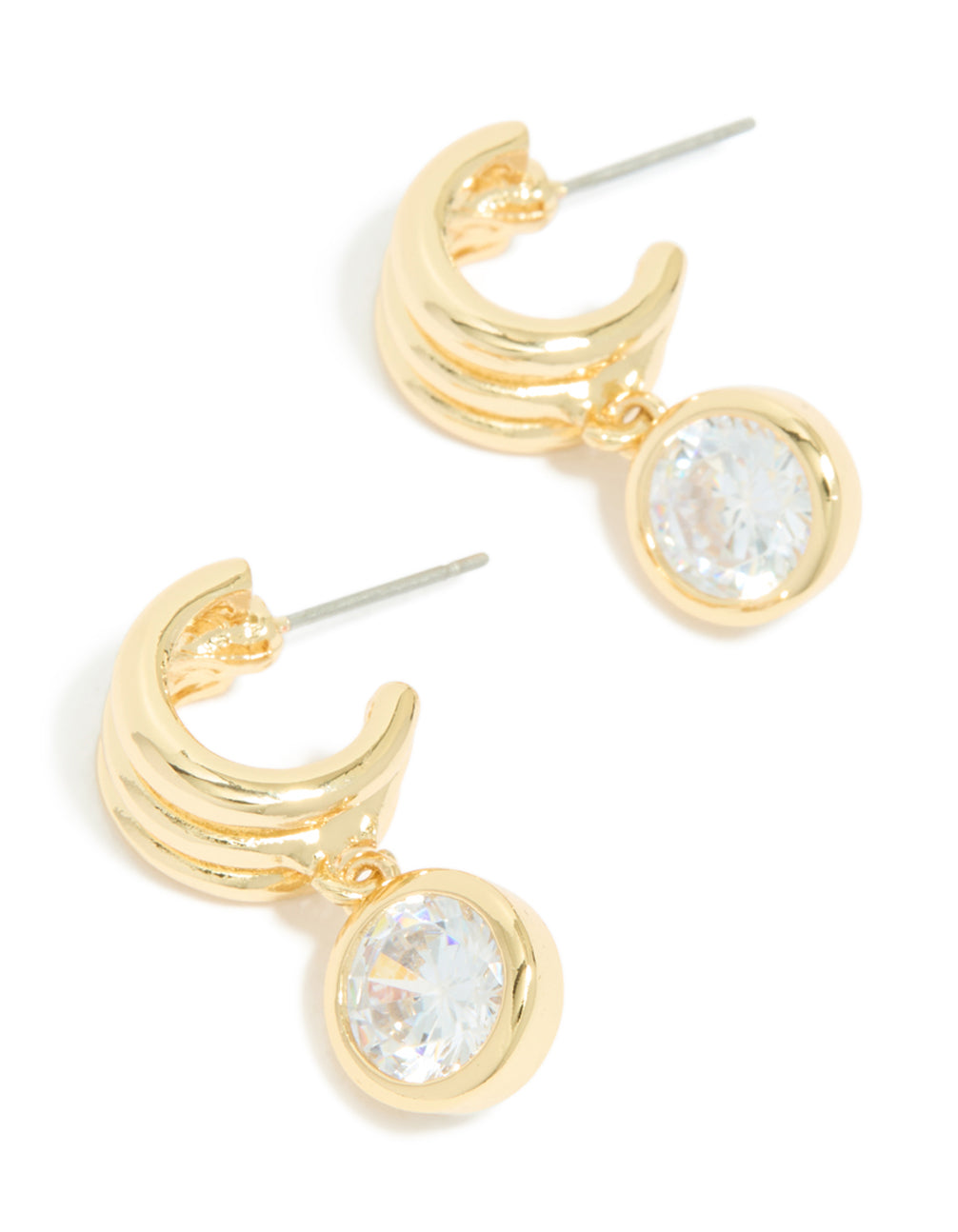 Elegantly designed gold plated cubic zirconia bezel line huggie earrings front view