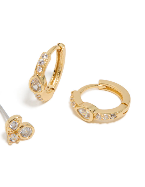 Featuring gold plated cubic zirconia trio stud and huggie earrings 2-pack with detailed construction post detail view