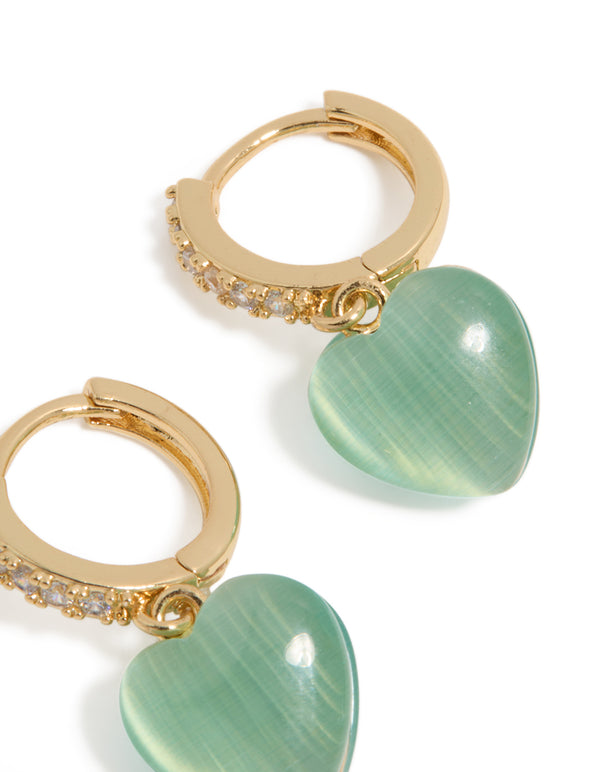 Gold Plated Cubic Zirconia Pave & Green Heart Huggie Earrings