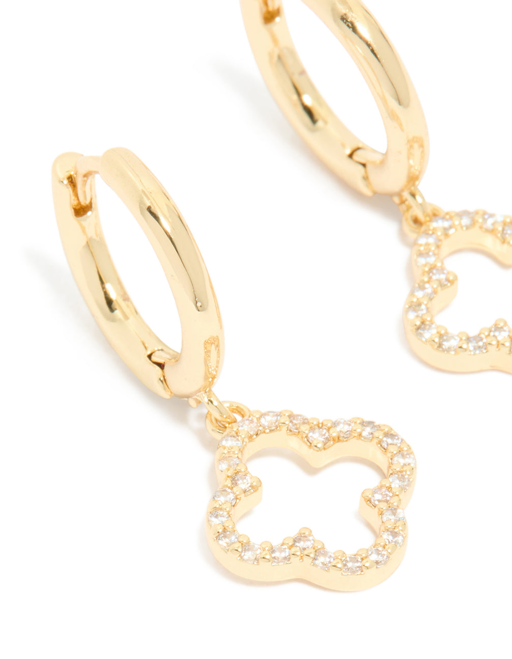 Elegant gold plated cubic zirconia huggie flower drop earrings close up view