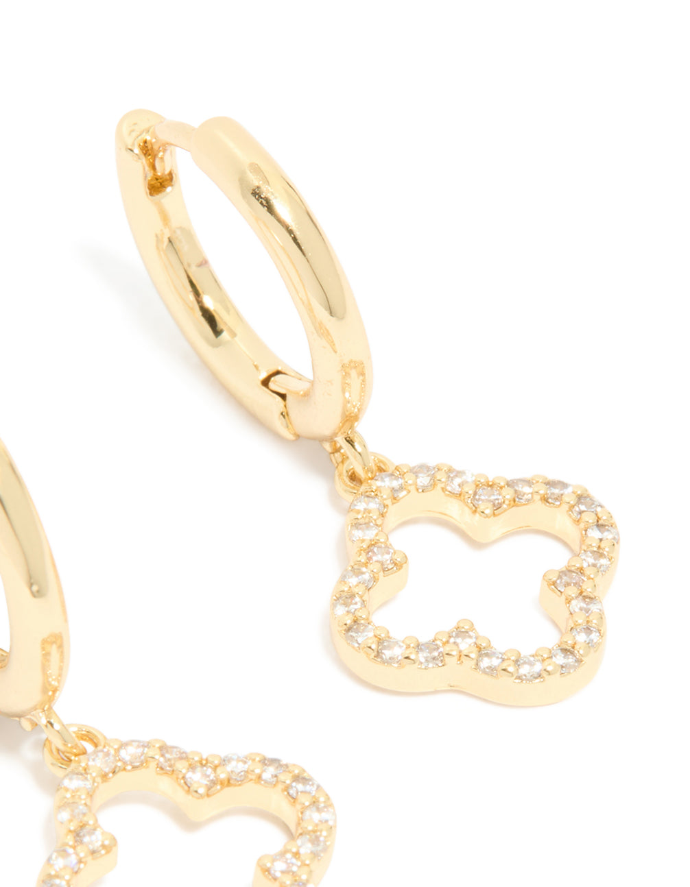 Highlighting gold plated cubic zirconia huggie flower drop earrings post detail view