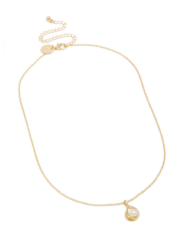 Showcasing a gold plated teardrop pendant necklace featuring cubic zirconia and pearl accents front view