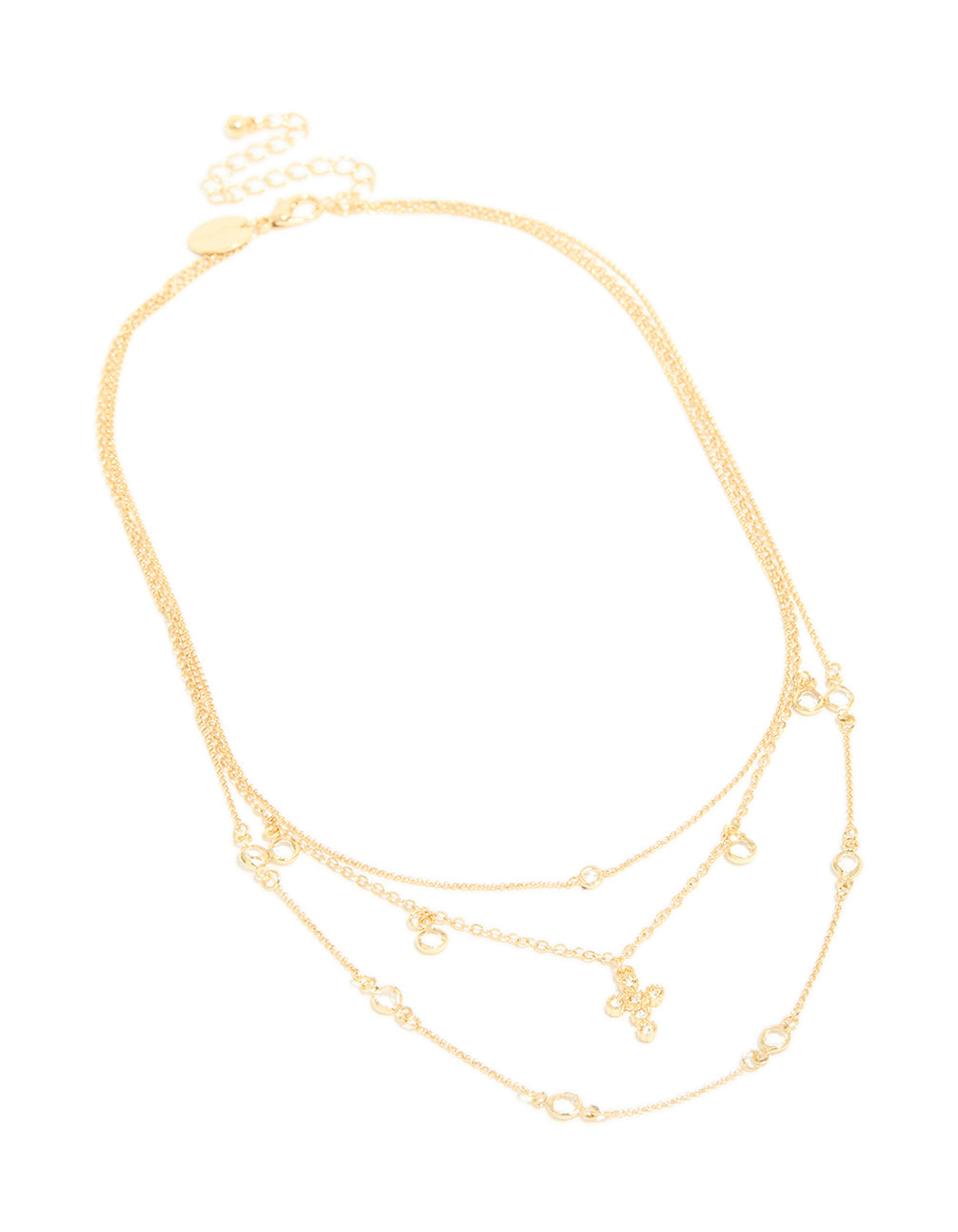 Finely crafted gold plated layered necklace featuring cubic zirconia bezel settings and cross pendant in statement design front view