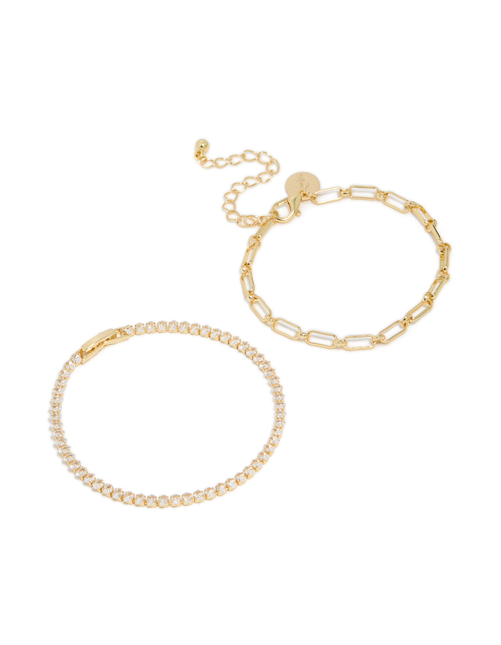 Presenting a gold plated cubic zirconia tennis and chain bracelets in a 2-pack front view