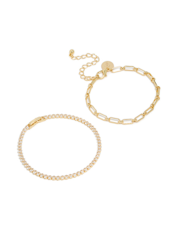 Presenting a gold plated cubic zirconia tennis and chain bracelets in a 2-pack front view