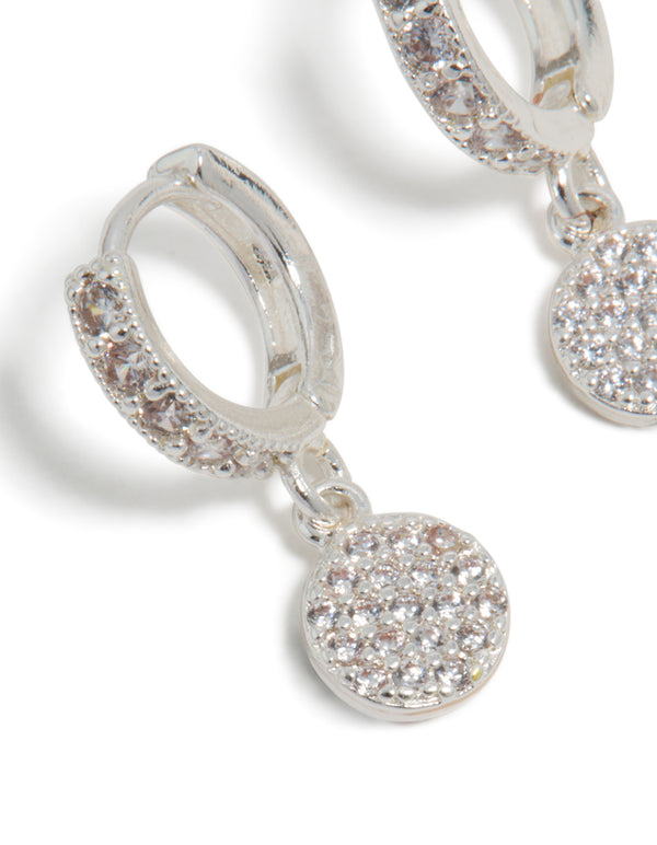 Designed with silver plated cubic zirconia pavé circle drop earrings close up view
