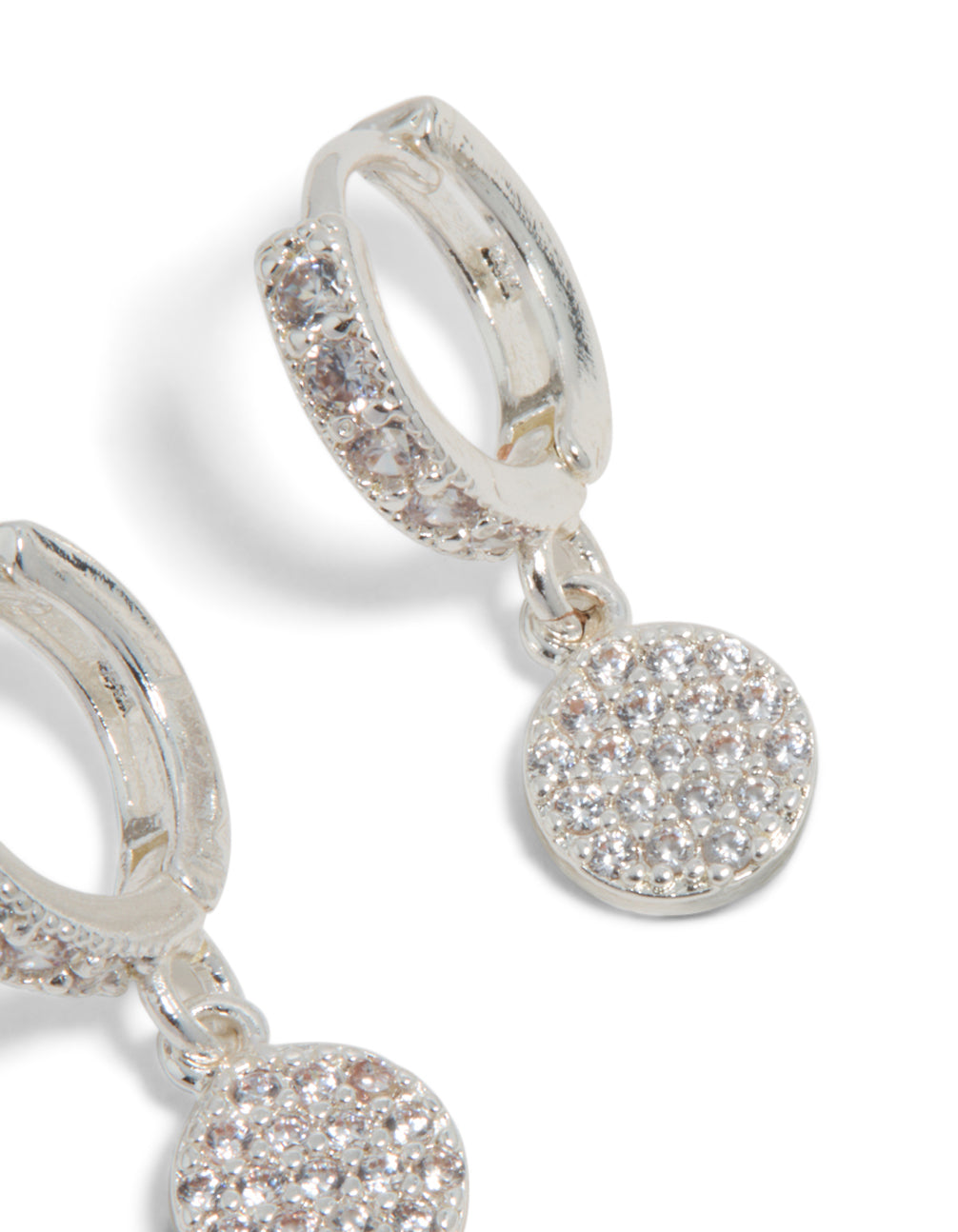 Crafted from silver plated cubic zirconia pavé circle drop earrings post detail view