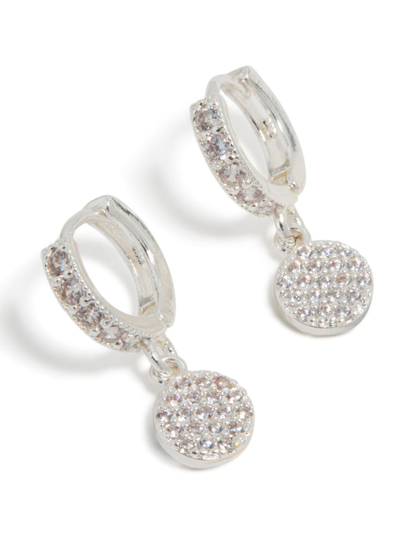 Showcasing silver plated cubic zirconia pavé circle drop earrings front view