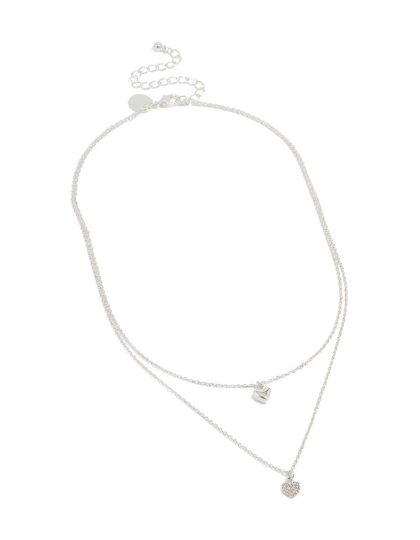 Elegant silver plated cubic zirconia double layered heart pendant necklace close up view
