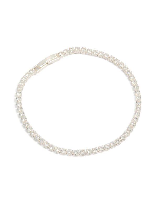 Showcasing a silver plated cubic zirconia small square tennis bracelet with glitter accents front view