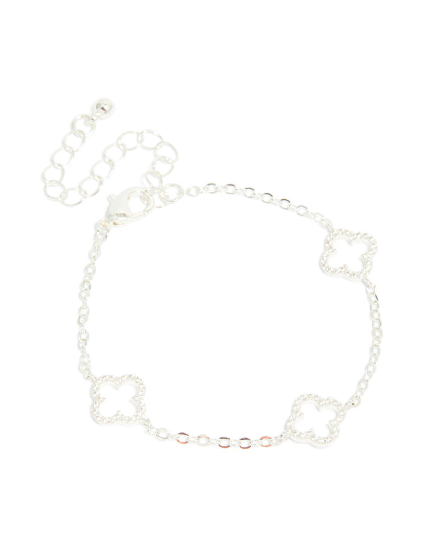 Crafted from silver plated material, this cubic zirconia outline flower bracelet front view