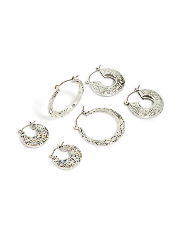 Showcasing antique silver textured edged hoop earrings in a 3-pack with a front view