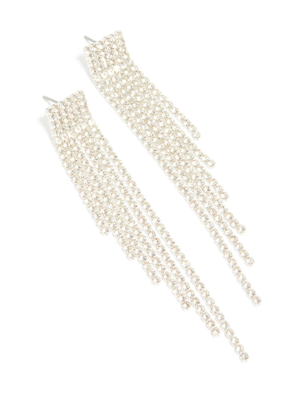 Elegant silver diamante waterfall drop earrings with tassel strands front view