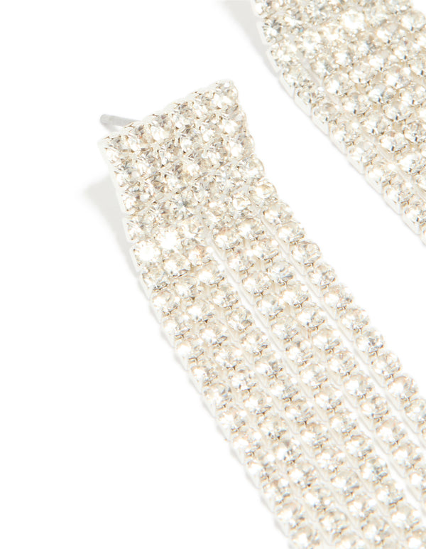 Crafted with silver diamante waterfall drop earrings featuring tassel strands close up view