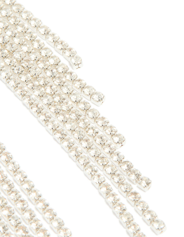 Elegant silver diamante waterfall drop earrings with tassel post detail view